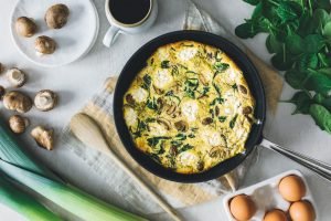 SPRING FRITTATA WITH COTTAGE CHEESE, LEEKS, AND WILD MUSHROOMS